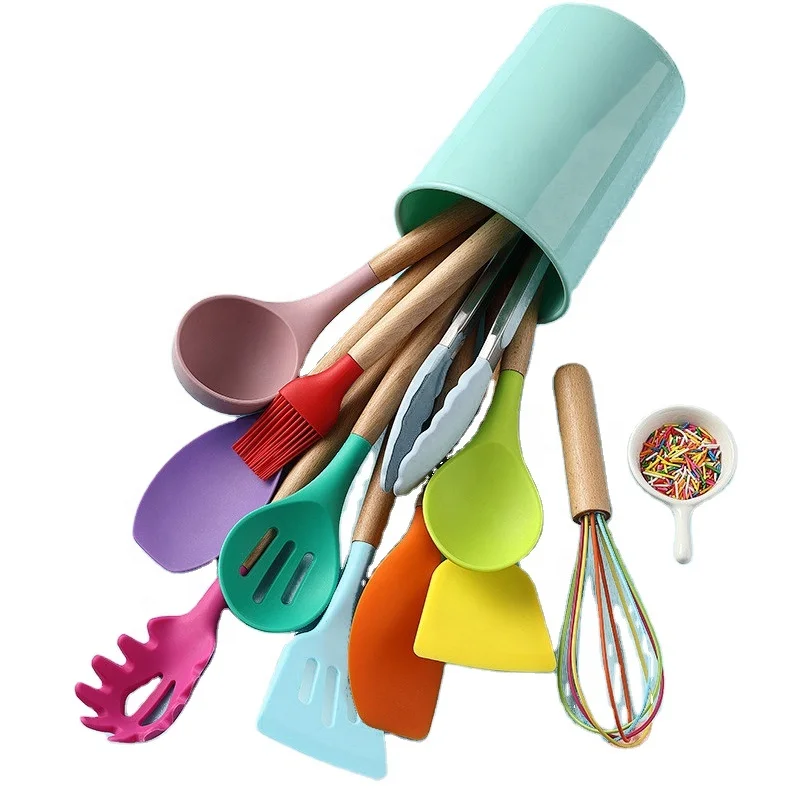 

Hot Sell 12 Pcs In 1 Set cooking tools silicone kitchen utensils set Accessories Baking Tools Wooden Handle, 7 colors