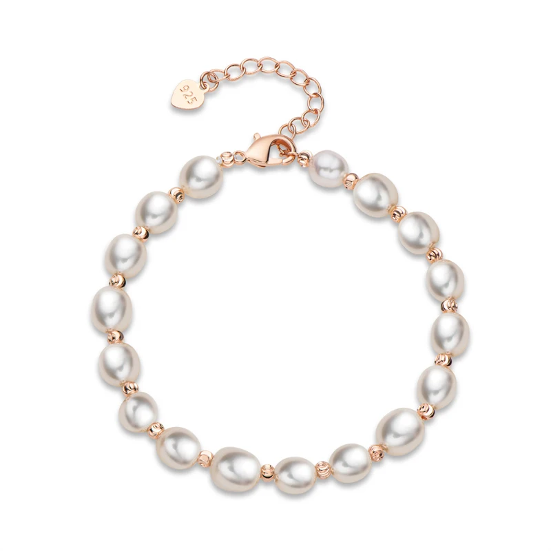 

14K Gold Filled Rose Gold 7-8mm Not Round Natural White Freshwater Pearl Strand Bracelet Beads Jewelry Gift