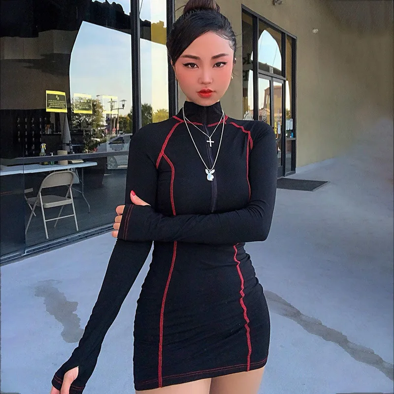 

Trendy Sexy Contrast Thumb Hole Long Sleeve Zip Up Turtleneck Fitted Jersey Sweatshirt Dresses, Customized