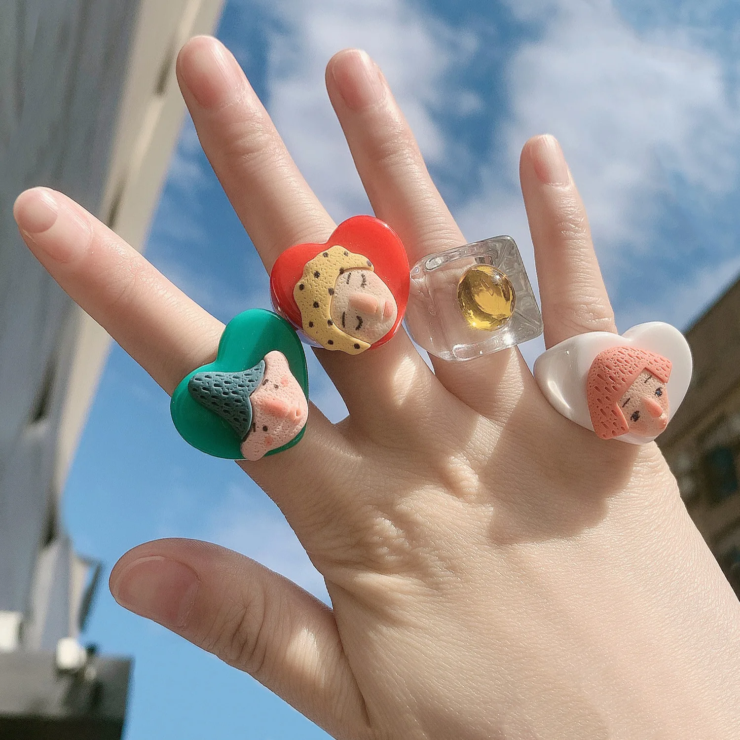 

JUHU Fashion unique Acrylic finger ring for women girl face colorful resin ring 2021 Jewelry Wholesale resin acrylic pop rings