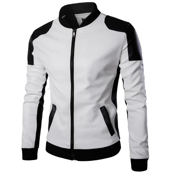 

Mens Diamond PU Coat Skin Color Leather Collar Locomotive Jacket, White,black