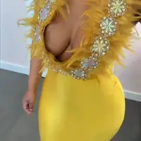 

New Women Elegant Yellow Sexy V Neck Feather Bodycon Bandage Club Luxury Beading Celebrity Party Dresses