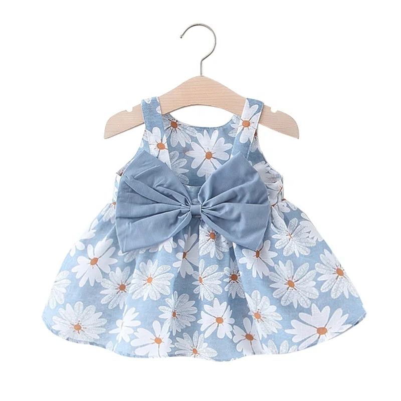 

2021 New Summer Casual Beach Bow Print Sundress Princess Dresses Infant Dress Newborn Clothes Baby Girls Dresses With Hat