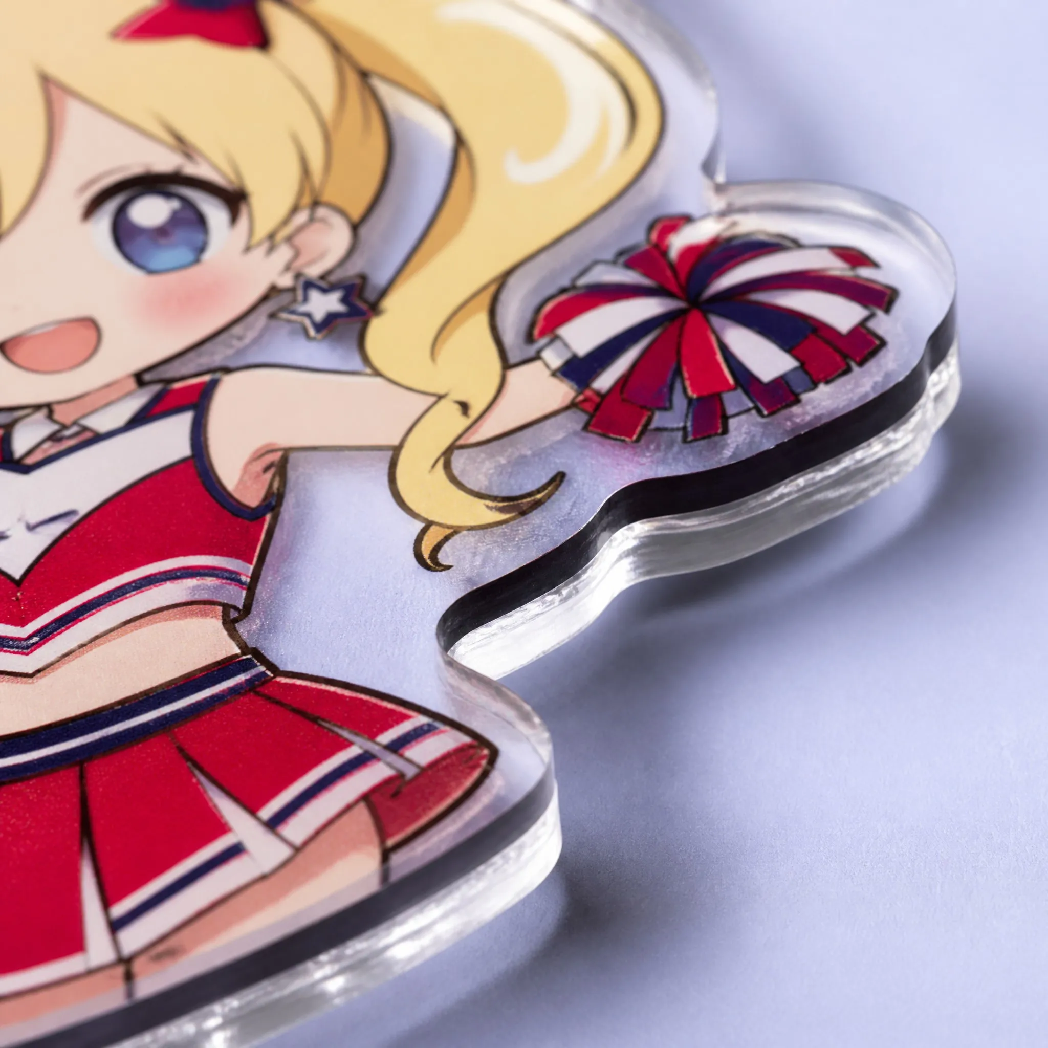 4K Macro Close-up of Diamond Polished Acrylic Edge, Transparent Bevel and Glossy Cheerleader Uniform UV Print
