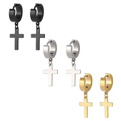 

Fashion 3 Pairs of Cross Earrings Dangle Hinged Men Earrings Stainless Steel Cross hoop Earrings for Men and Women