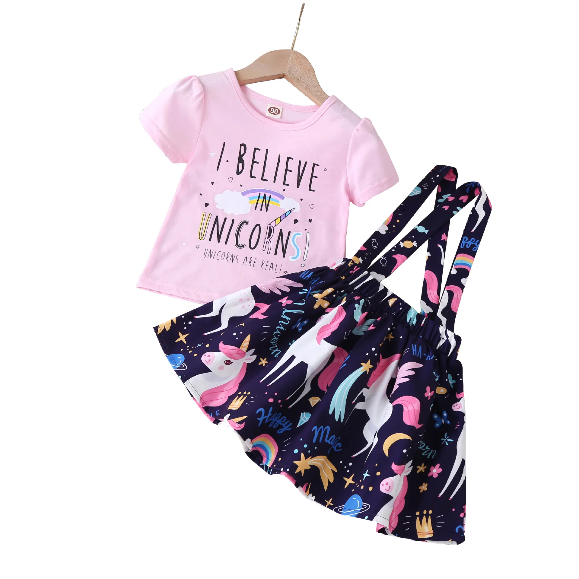 

2021kids 2 piece summer set boutique unicorn printed little girl 2021 summer clothing letter child party frocks dress