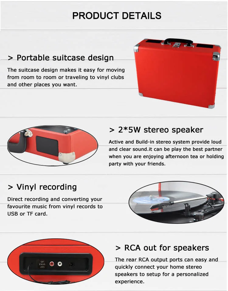 Wooden suitcase turntable vinyl record player with built in speaker, bluetooth, USB, TF, FM, USB or TF recording - ANKUX.COM