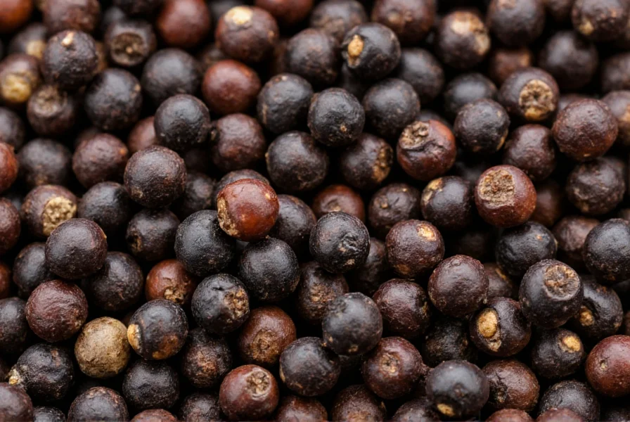 Close-up view of black peppercorns with scientific diagram showing piperine molecular structure