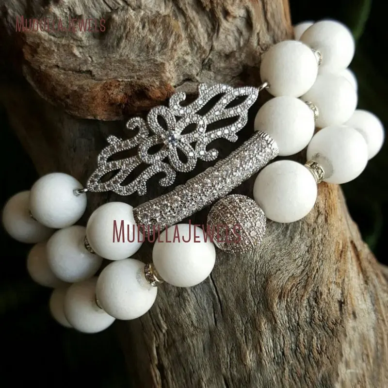 

SE20756 White Jade Beaded Stretch Bracelet Trio Micro Pave Beads