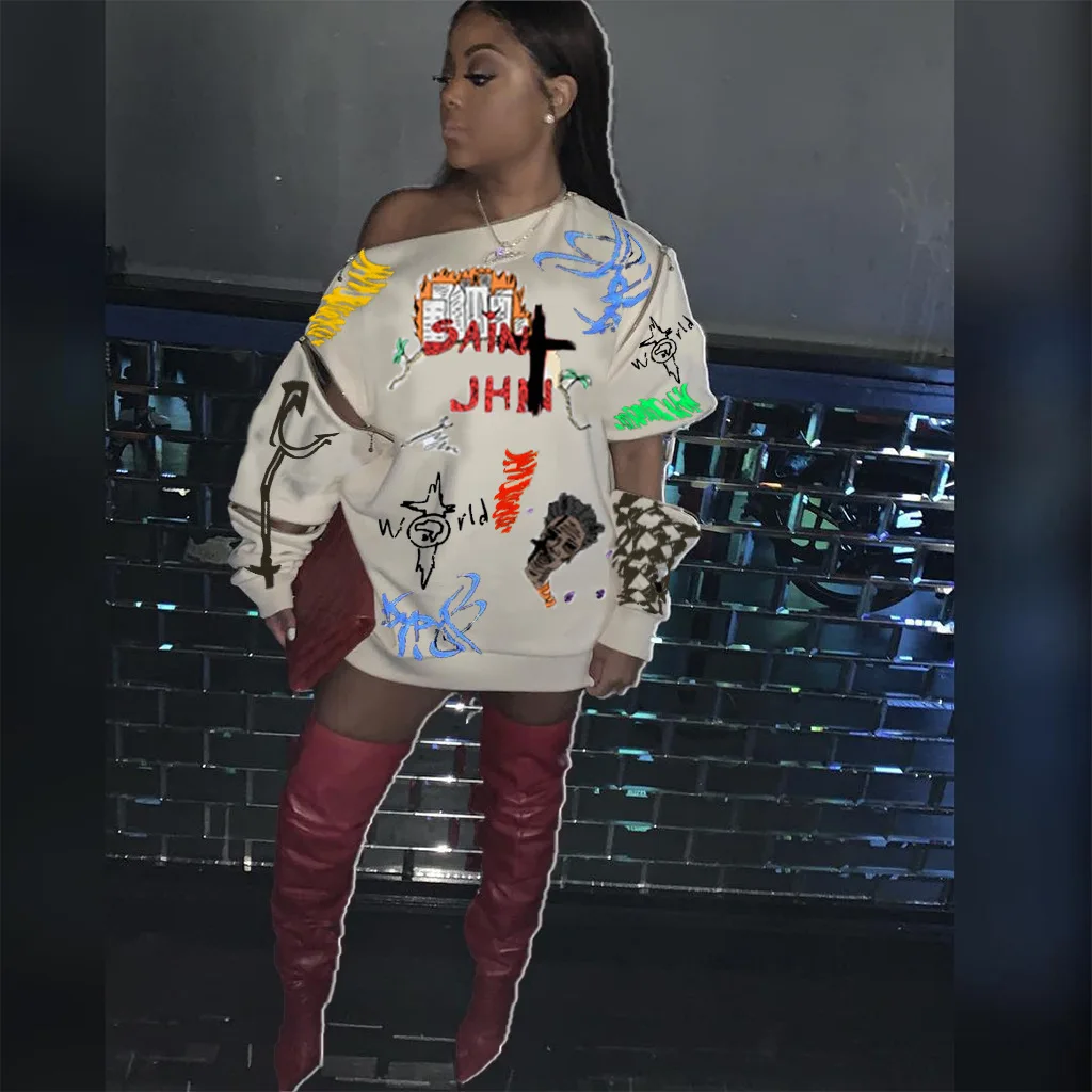 

2021 Fall and winter fashion casual dresses graffiti print hoodie dress with adjustable sleeves
