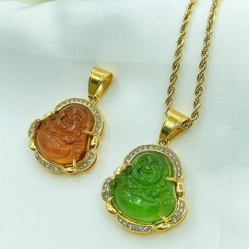 

High Quality Rope Chain Crystal Edge Pendant Necklace Multi Color Religious Maitreya Natural Jade Buddah Buddha Necklace