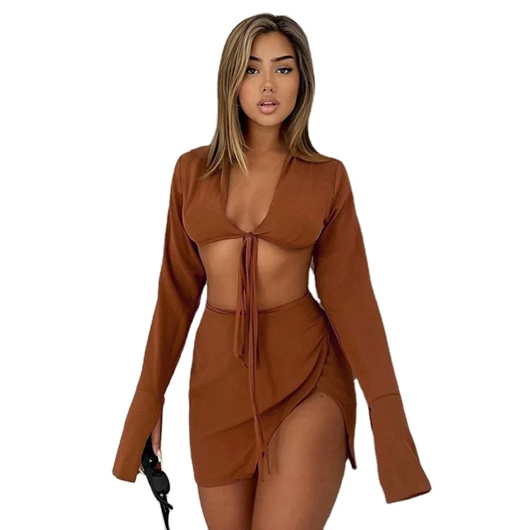 

2021 Ladies Clothing And Apparel Solid Long Sleeve 2 Piece Sets For Women Short Skirts And Tops Set Woman, Brown