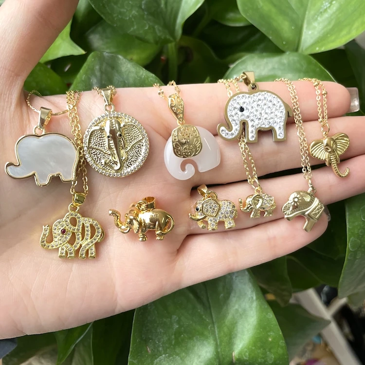 

Jialin jewelry ins gold stainless steel good luck charm cubic zircon jade natural shell gold elephant pendant necklace, Picture shows