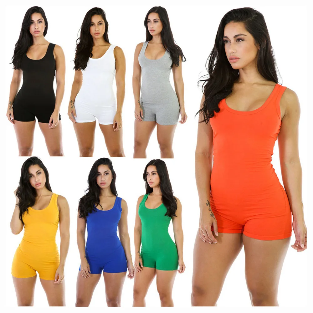 

Wholesale High Quality Fashion Womens Cotton O-neck Bodycon Short Solid Color Sleeveless Jumpsuit