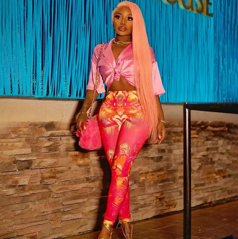 

YIWU QIUDUN Vintage Styles Lady Red Leggings Trousers Leaf Print Casual Elastic Leggings Pants