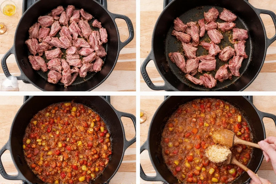Step-by-step preparation of deer meat chili showing venison browning in cast iron pot with spices and vegetables