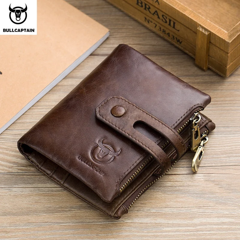 

BULLCAPTAIN Genuine Leather RFID Men Wallet Credit Business Card Holders Double Zipper Cowhide Leather Wallet Purse Carteira 021