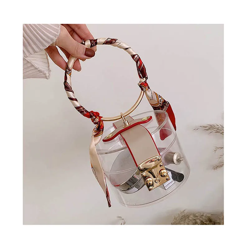 

Mini Clear Small Clutch Bag PVC Fashion Women Round Metal Handle Transparent Shoulder Bag, As the picture shown