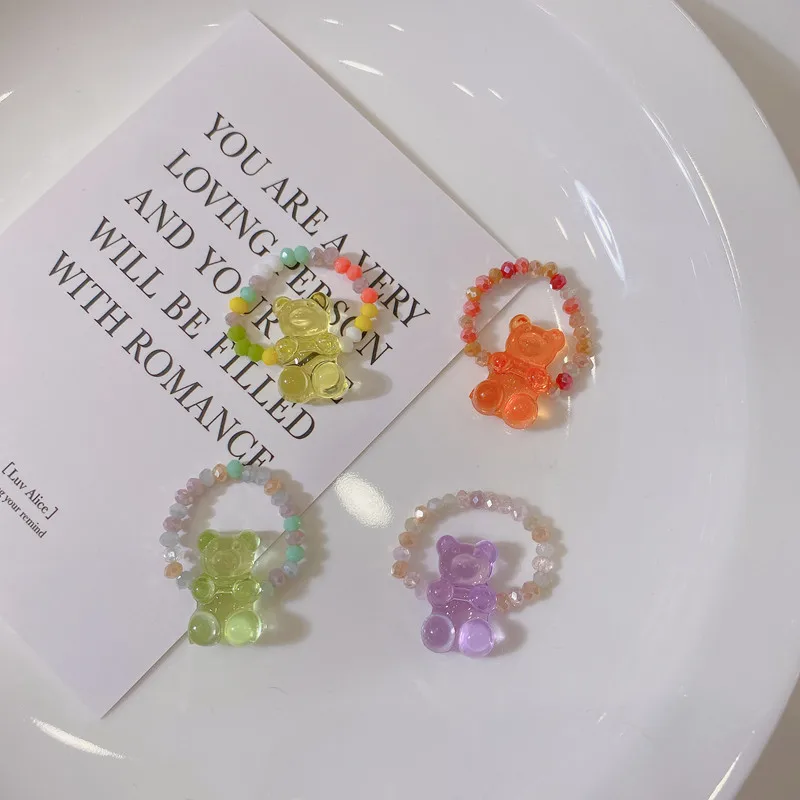 

Korean Lovely Colorful Transparent Resin Bear Ring Jewelry Accessory Gift Handmade Elastic Acrylic Bead Rope Gummy Bear Ring