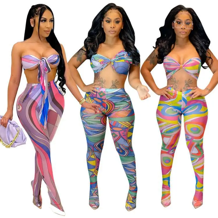 

Sexy bandage multicolor chest wrapping sexy printed pants two piece set, 3 color