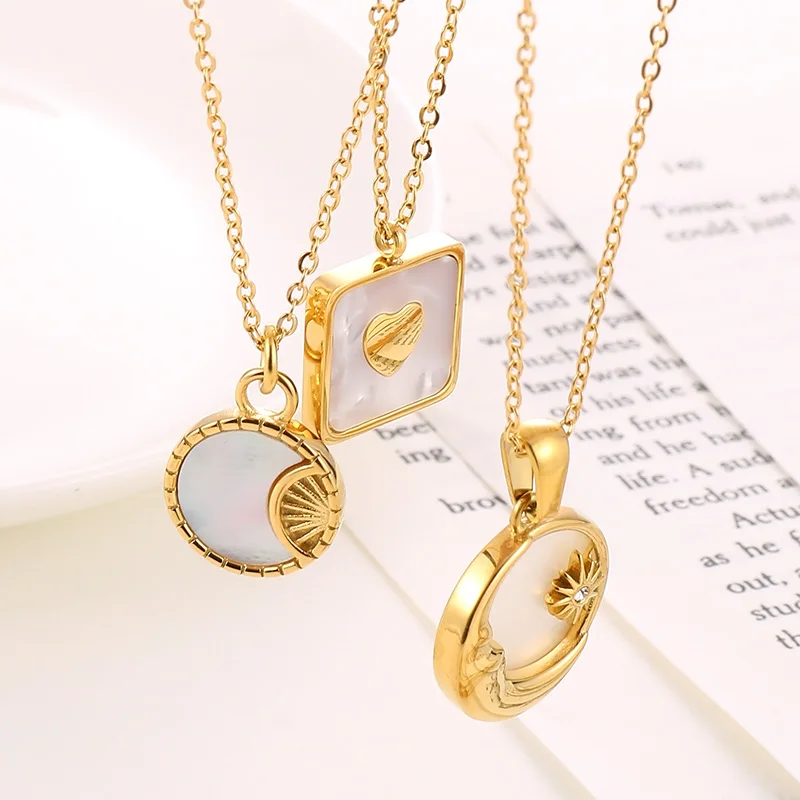 

Kalen White Shell Moon Sun Heart Necklace 18K Gold Plated Stainless Steel Pendant Necklaces