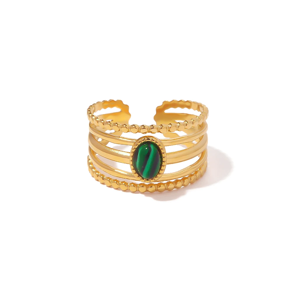 

Waterproof 18k Gold Plated Stainless Steel Jewelry Wide Mulit Layer Malachite Natural Stone Opening Rings