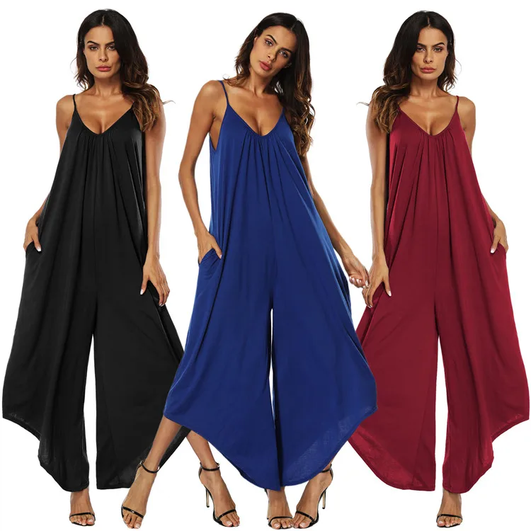 

Summer women's new fashion sexy V-neck suspender halter jumpsuit wide leg pants, As pic