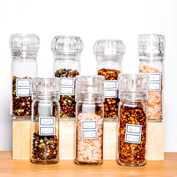 

Competitive mini manual kitchen spice shakers transparent salt and pepper mill grinders with glass bottles