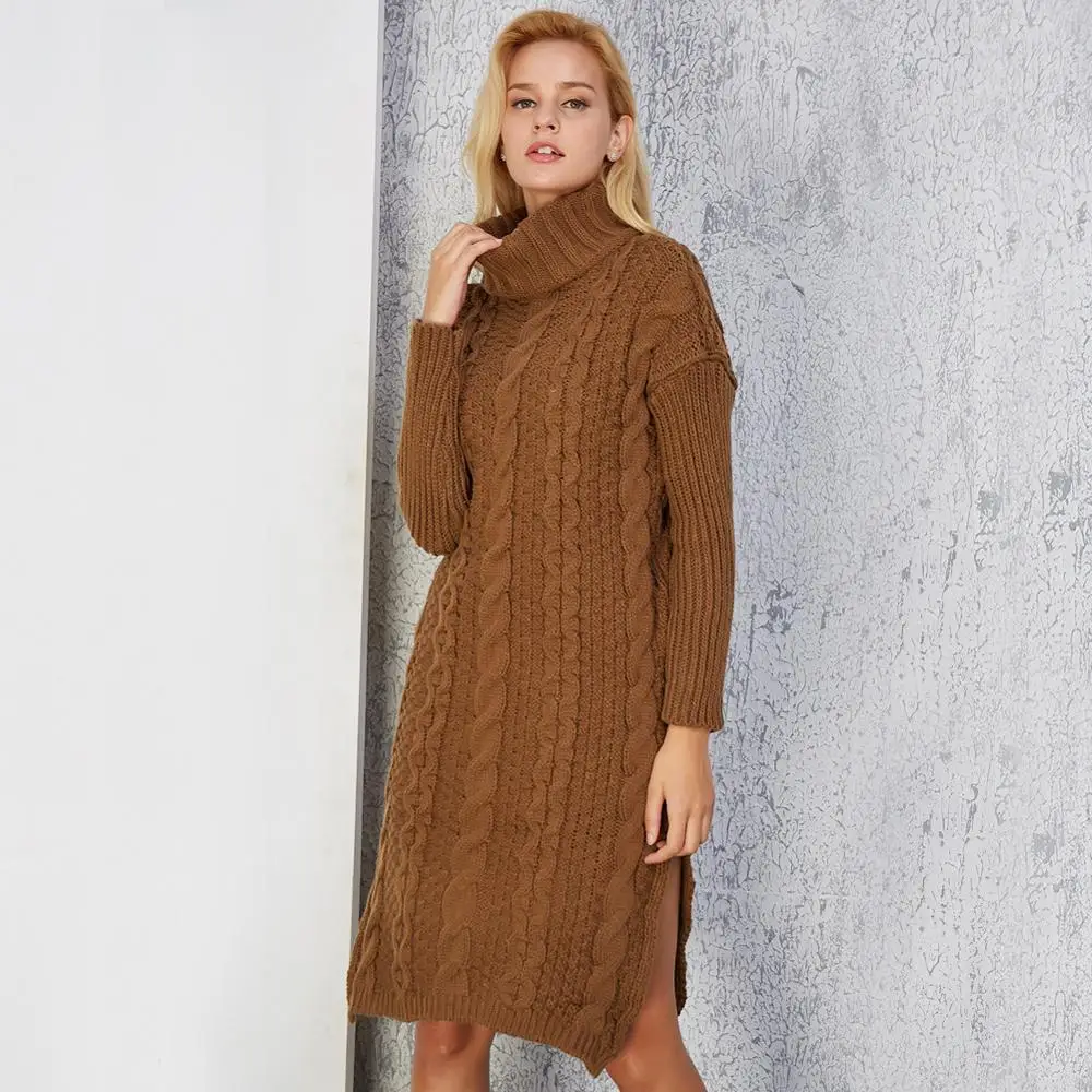 

Fall New Fashion Women Open Fork Loose Long Turtleneck Sweater Knitted Dress, 4 colors