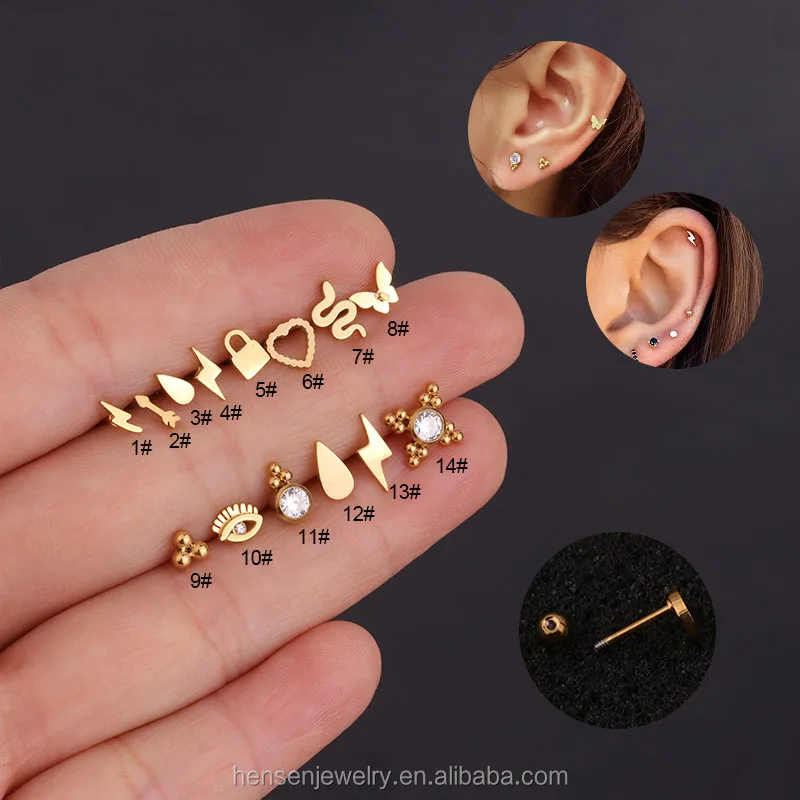 

New Tiny Fully Stainless Steel Lightning Cross 3 Dots Snake Shape Ear Cartilage Helix Tragus Rook Stud Piercings