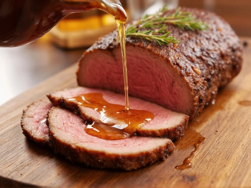 Golden homemade au jus poured over sliced roast beef