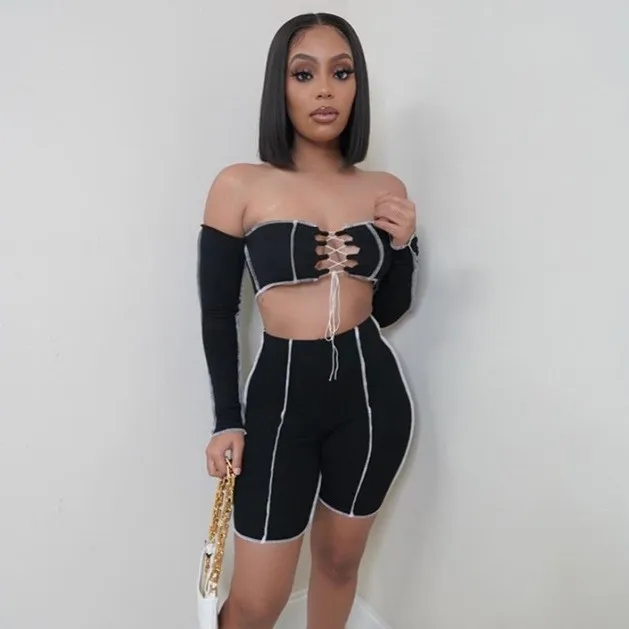 

Sexy Strapless Tie-Wrap Cropped Top With Short Pants Cut Out Lace-Up Side Out Two Piece Outfit Casual Sport Wear Set, Gray,black,blue