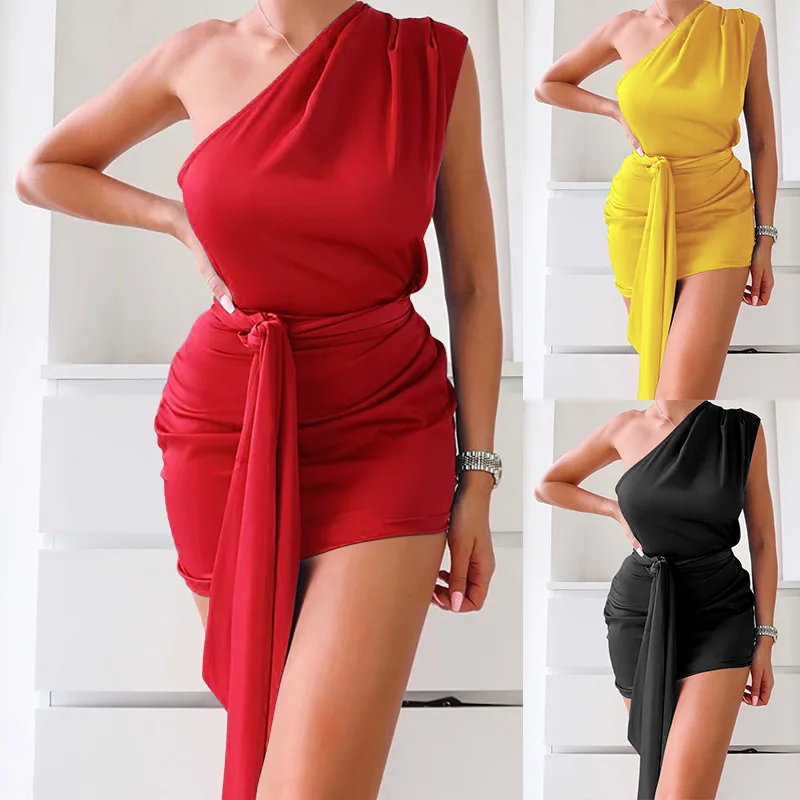 

2021 new arrivals Fashion dress solid color belt one shoulder sexy dress