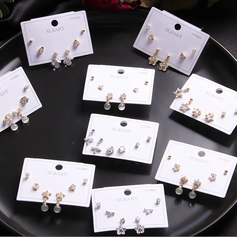 

New S925 Pure Silver Needle Female All-match 14k Gold Plated Zircon Earrings Small Three-piece Pendant Earring Stud Set, Colorful