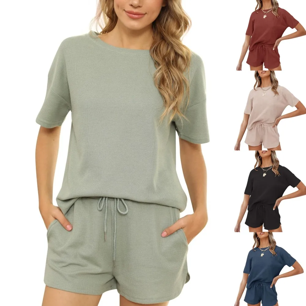

Womens Pajamas Set Casual Shorts Short Sleeve Cotton T-Shirt Sleepwear Set Ribbed Lounge wear Women, Navy,green,black,beige,red