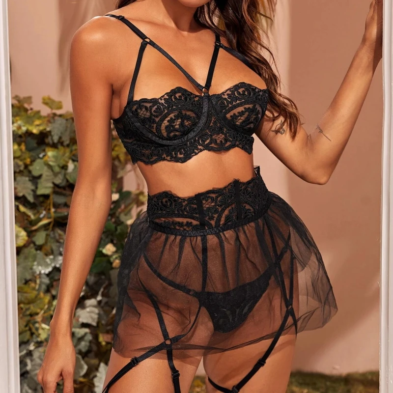 

Girls Sexy Lingerie Women Hot Sheer Skirt Embroidery Bra Lady Sexy Underwear