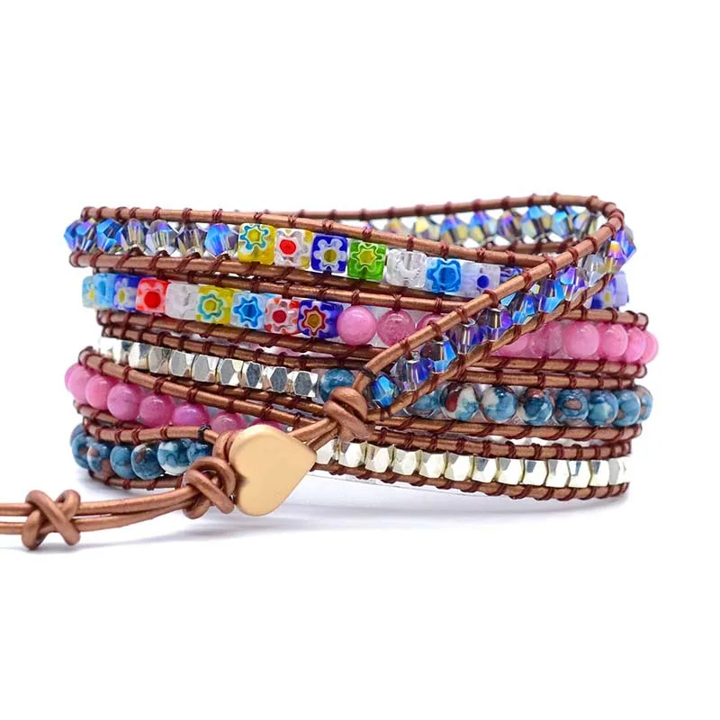 

Tending Bracelet 2021 Gemstone Heart Bracelets & Bangles Woven Cowhide Ceramic Crystal Natural Stone Bracelets For Women, As picture shows