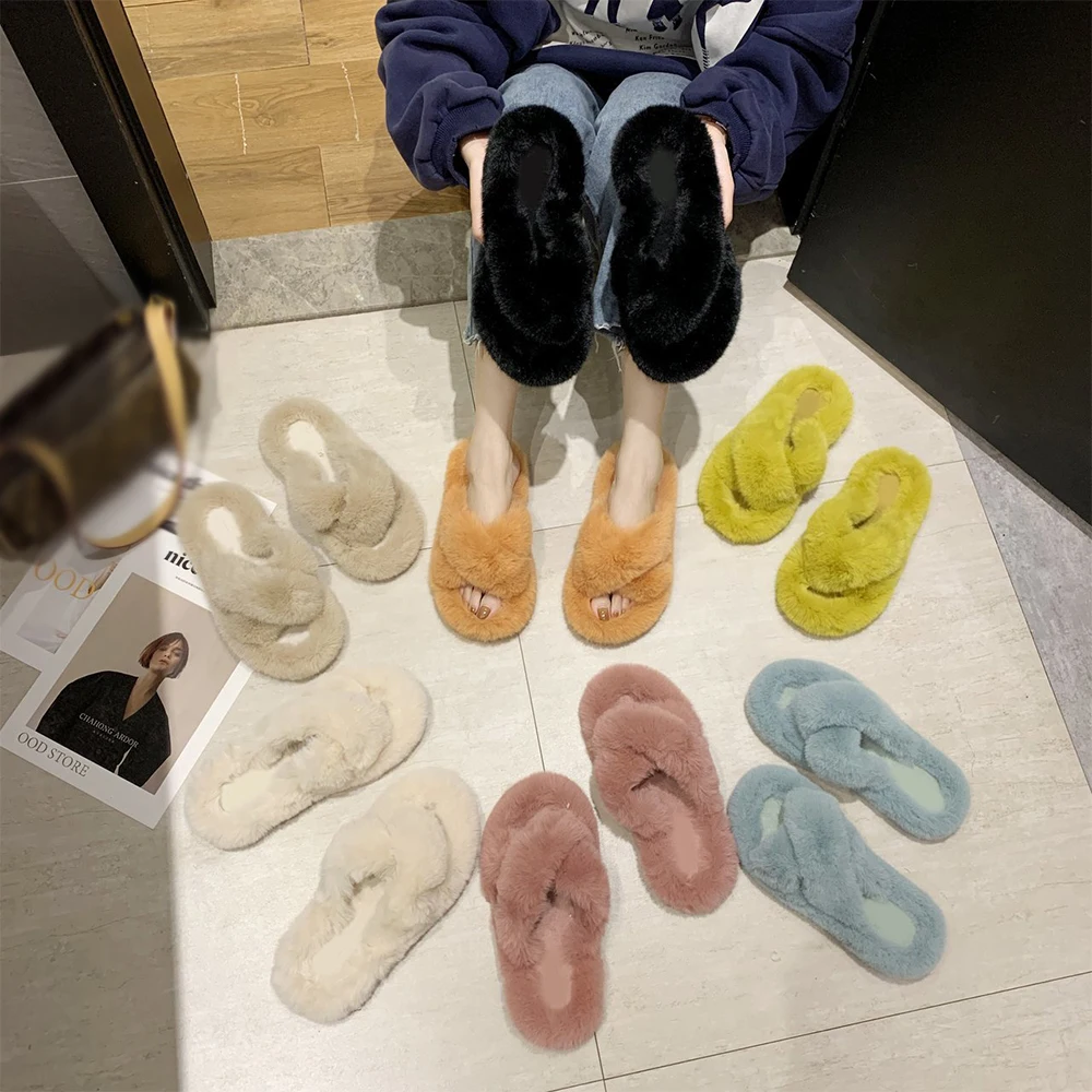 

Superstarer Cross plush slippers women out wear wear thick bottom warm fur slides