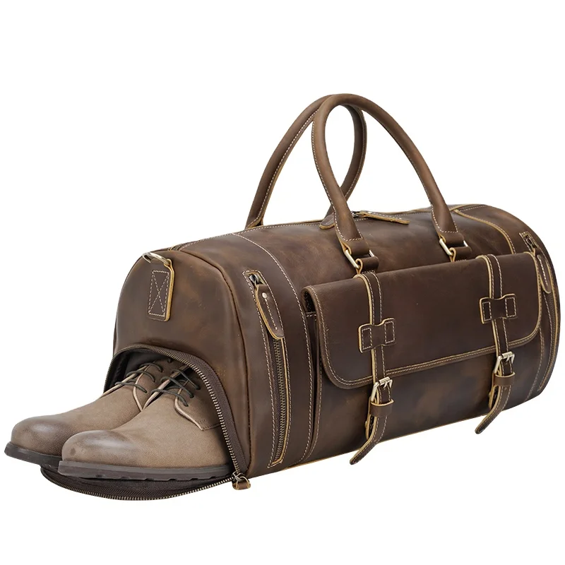 

TIDING Brown Custom Mens Full Grain Genuine Leather Overnight Travel Duffel Weekender Leather Duffle Bag With Shoe Compartment