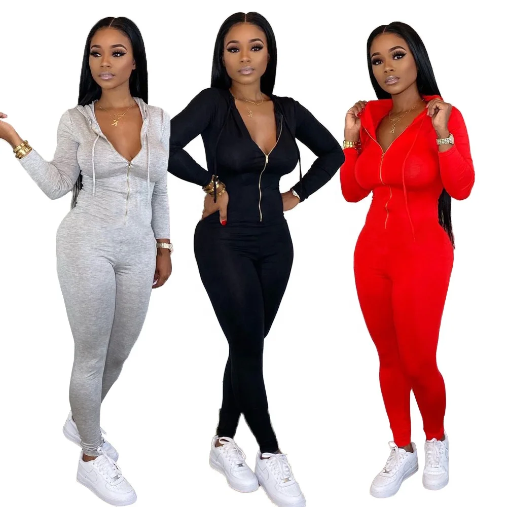 

Hot Sale Autumn Women Solid Color Zip Front Long Sleeve Hoodie One Piece Jumpsuit, Black,gray,red