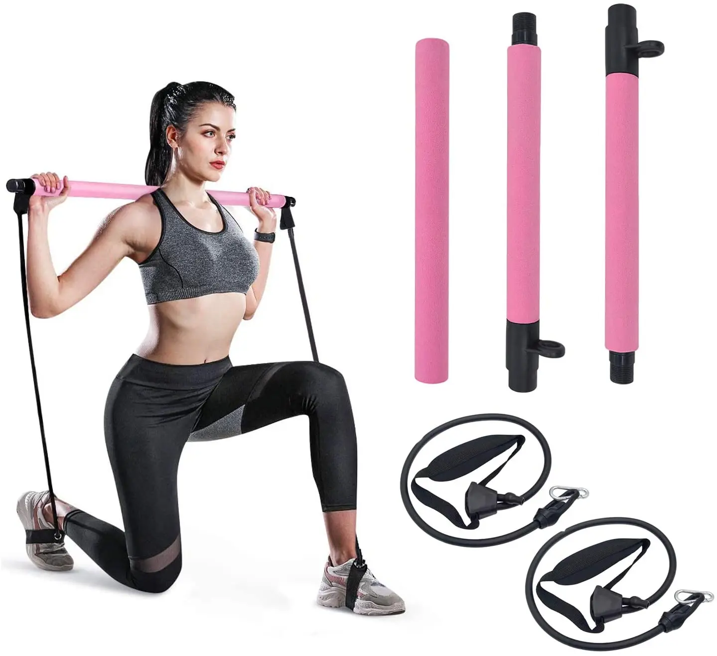 

Portable Pilates Bar Kit with Resistance Band 3-Section Yoga Pilates Stick Muscle Exercise Equipment, Pink,purple,black