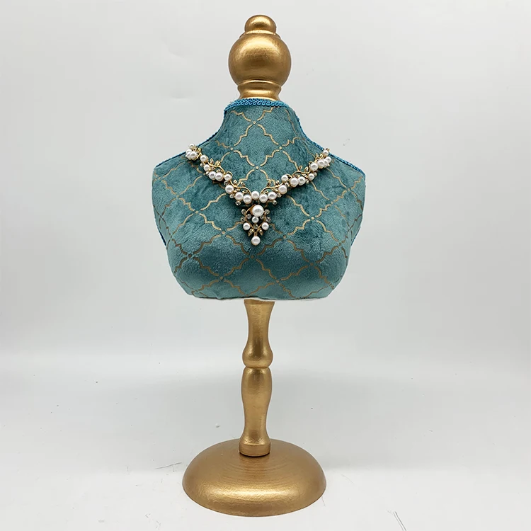 

Exquisite Blue Fabric Necklace Bust Holder Free Standing Mannequin Jewelry Torso With Gold Wooden Stand for Retail Store, Same as picture