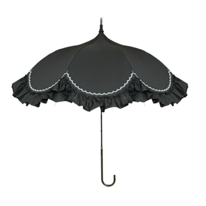 

Japanese Princess Wide Lace Edge Semicircle Shape Pagoda Umbrella with Long PU Handle