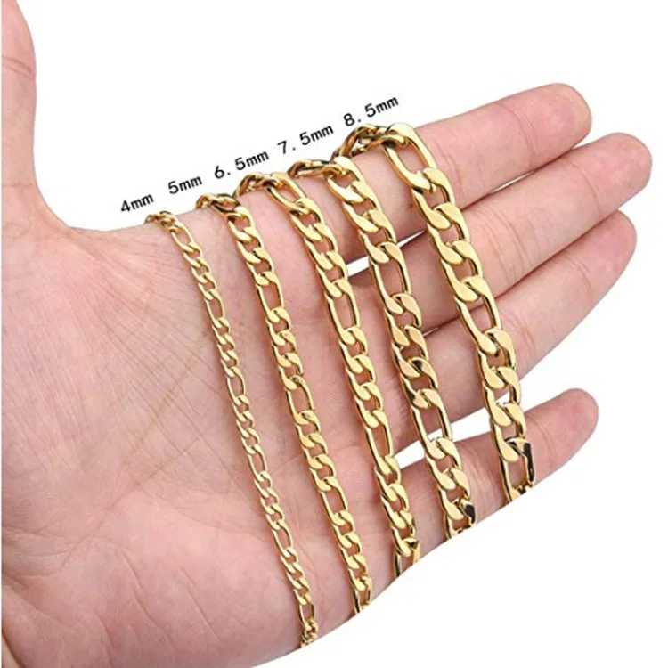 

fashion 7/9 inch hiphop bracelet,4-7.5 mm Figaro stainless steel chain with real 18k gold plating