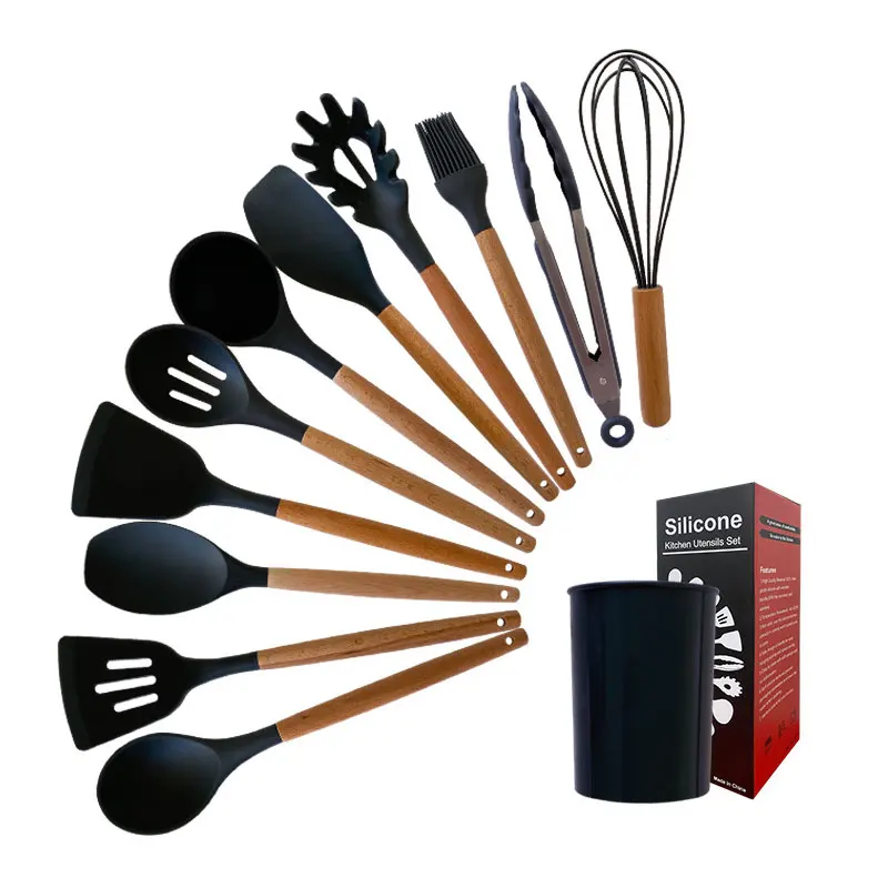 

Wholesale Customized Heat Resistant High Temperature 12 Piece Wooden Handle Silicone Kitchen Utensils Set