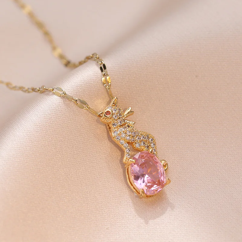 

Fashion Jewelry Animal Pink Zircon Stainless Steel Pendent Necklace Women Sweet Birthday Gift