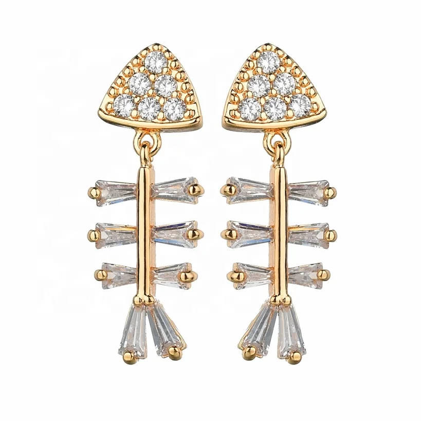 

Exquisite Brass Jewelry Women Plated 18K Gold Fish Bones Earring, White, gold
