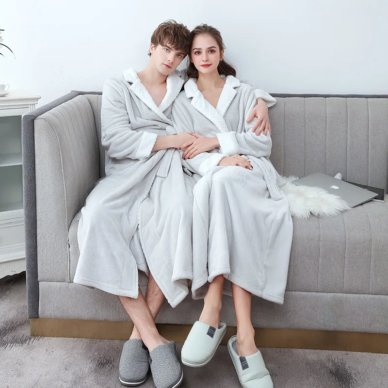 

Coral Velvet Nightgown Men's and Women's Autumn and Winter Long Sleeve Lace-up Bathrobe Long Thick Flannel Bathrobe for Lovers