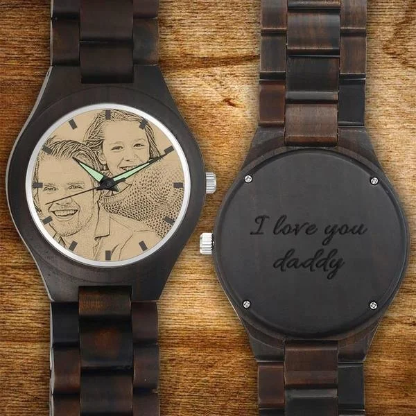 

45mm Custom Engraved Photo Wooden Watches Men Wrist Wooden Strap Watch For Husband Birthday Gift