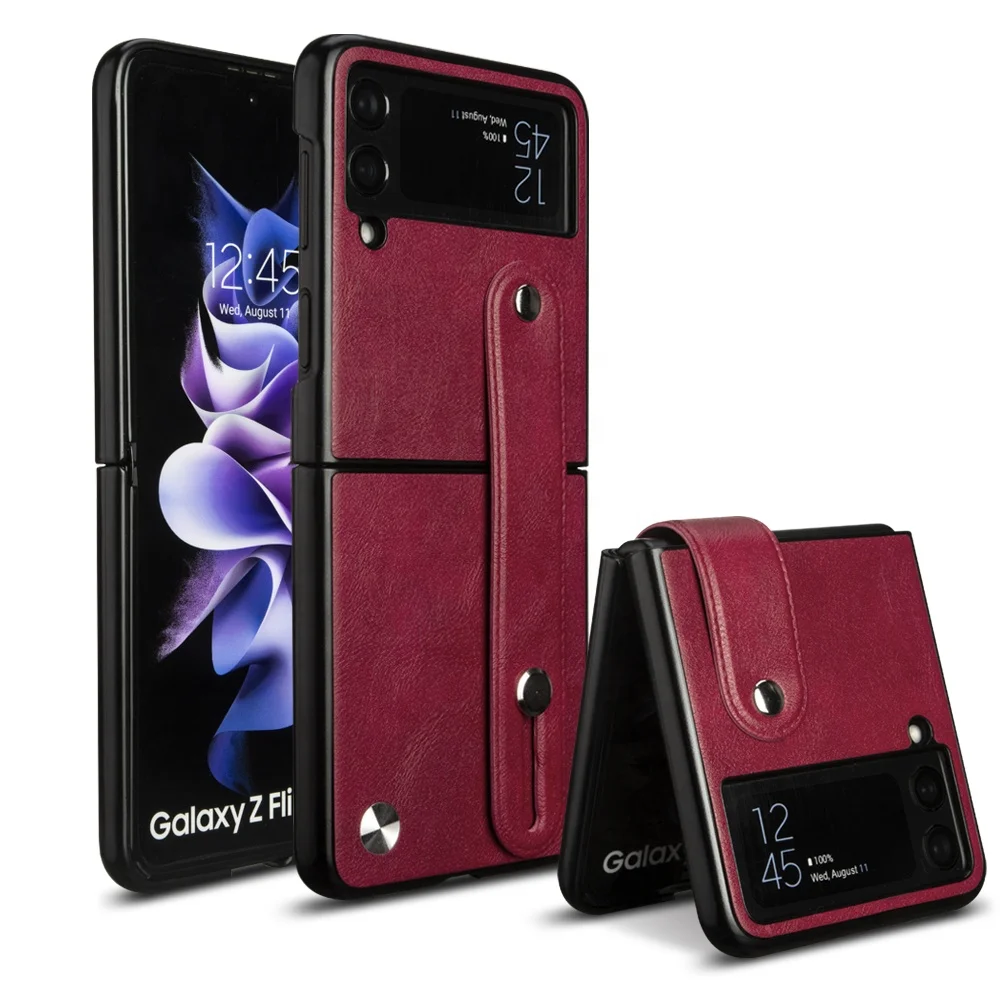 

For Samsung Galaxy Z Flip 3 4 Case PU Leather Foldable Hard Back Cover Phone Case with Wrist Strap for Galaxy Z Flip 3